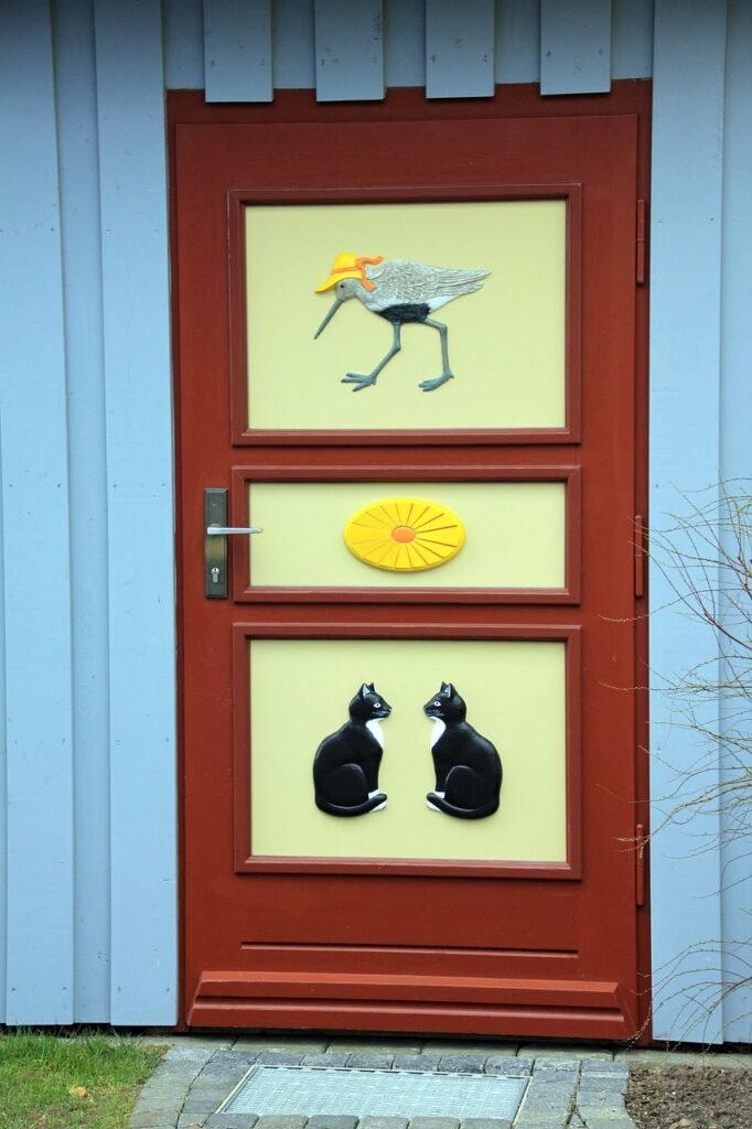 building, house, door, captain door, animal, cat, nature, pet, multicoloured, sun, bird, gull